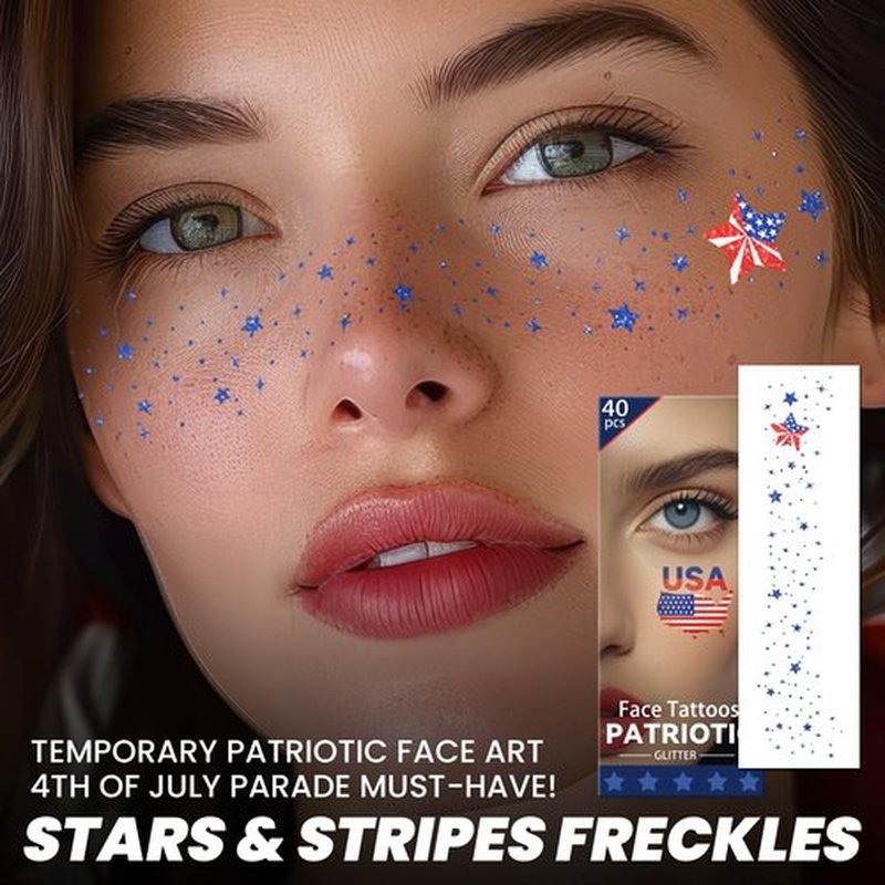 Cerlaza Labor Day Decorations, Glitter Freckles Face Tattoo with American Flag Design, Red White Blue Usa Accessories, 4th of July Independence Day Fake Tattoos Makeup Kit, Rave Outfits for Women