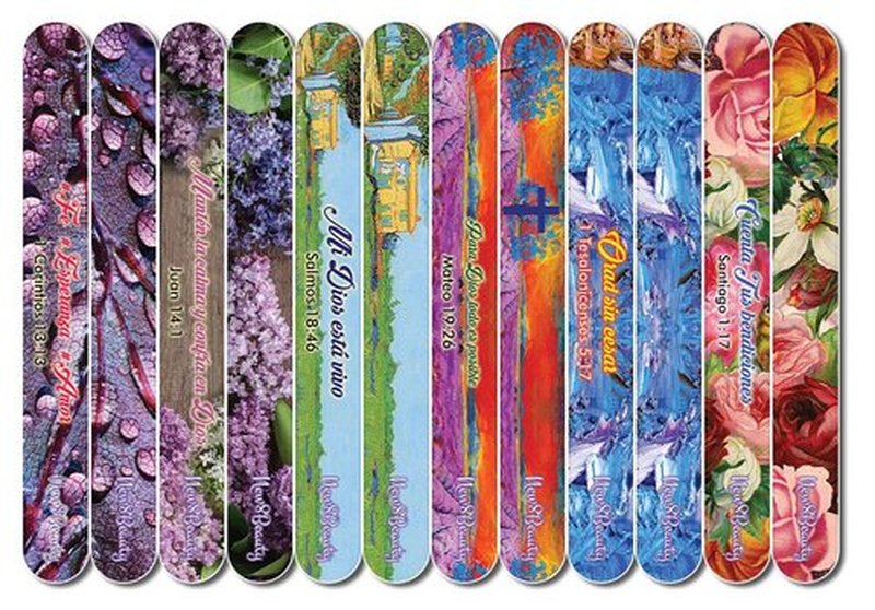Spanish Christian Emery Board - Faith Hope Love (12-Pack) - Professional Nail File Set - 150/150 Grit - Stocking Stuffers Premium Quality Gift Ideas for Women and Men