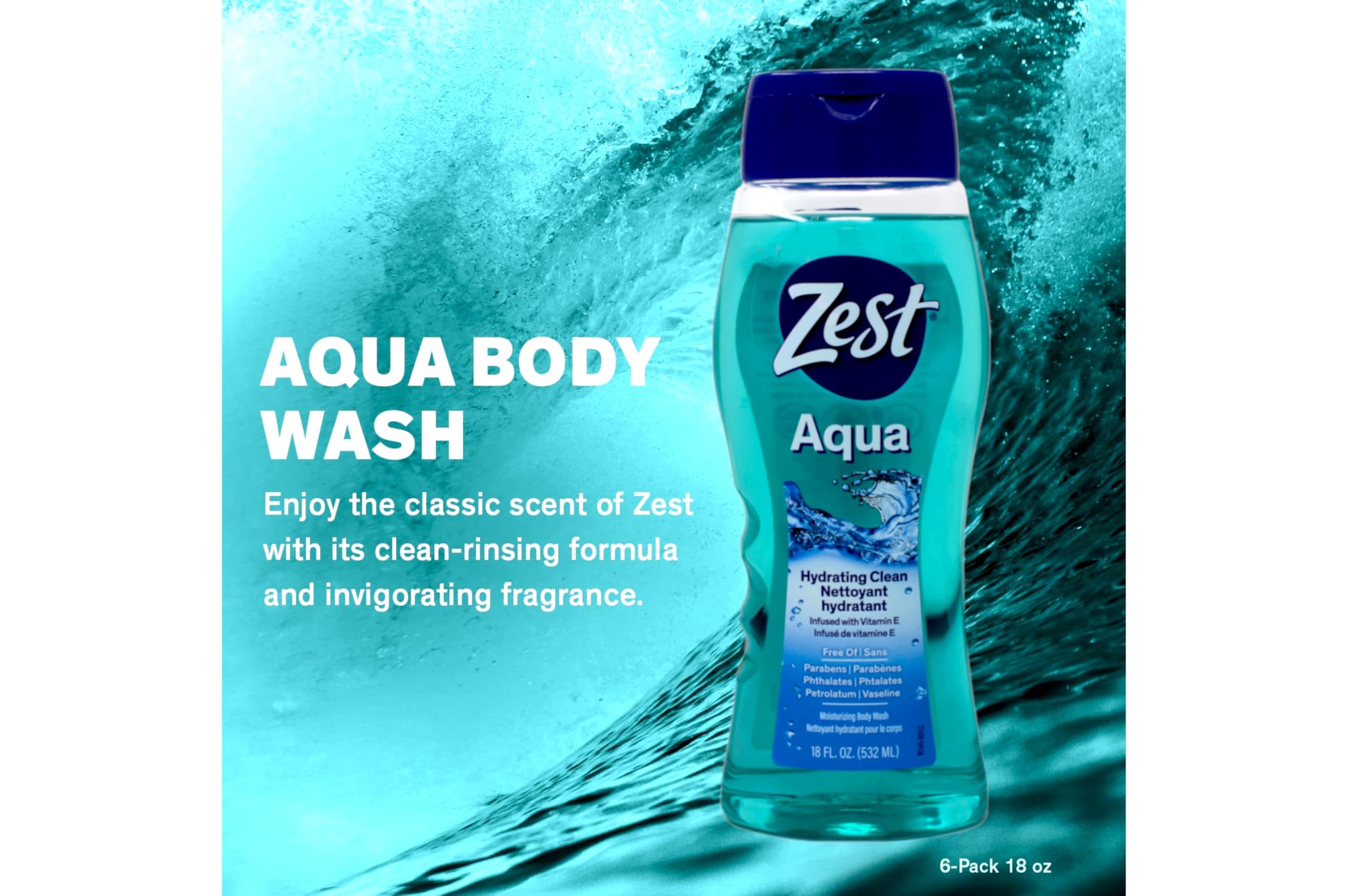 Zest Hydrating Body Wash - Aqua - Moisturizing Body Wash for Men and Women - Bath Soap with Vitamin E - Gentle Paraben Free Formula - 6 pc