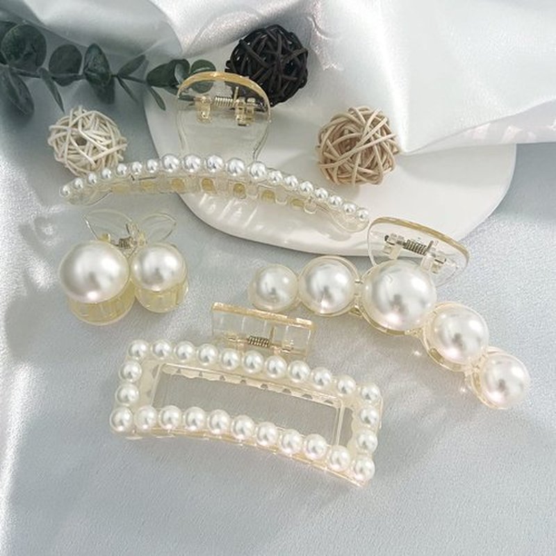 Mehayi 4 PCS Large Pearl Hair Claw Clips for Women Girls, Hair Barrette Clamps for Thick Thin Hair, Fashion Hair Accessories Headwear Styling Tools for Party Wedding