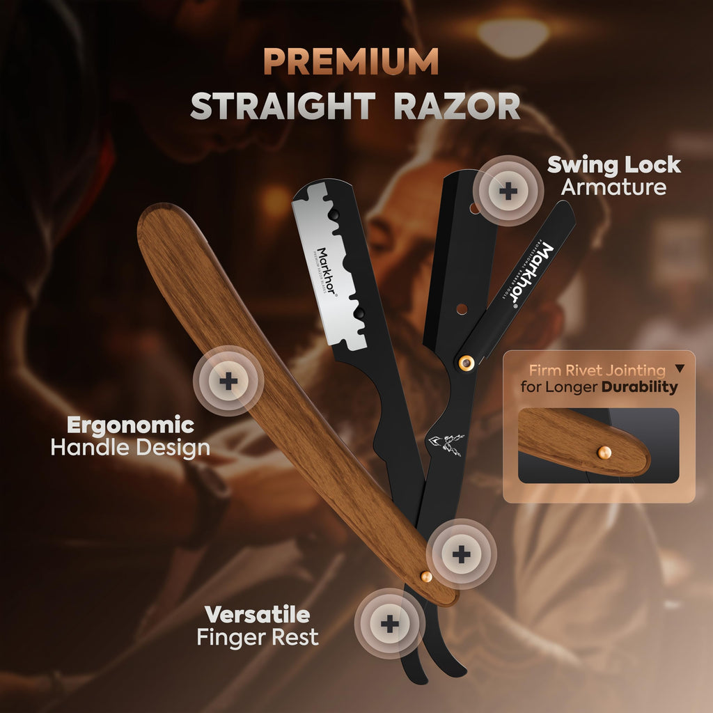 Markhor® Straight Razors for Men with 100 Single Edge Razor Blades | Rose Wood Matte Black Barber Straight Razor | Straight Edge Razor | Barber Razor Blade | Navajas Para Barbero