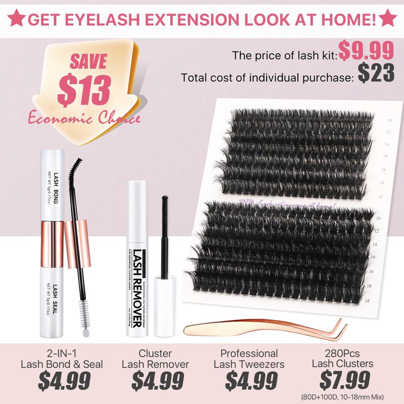 Vznffur Fluffy Lash Extension Kit 280Pcs Thick Eyelash Extension Kit 80D 100D Mix 10-18mm Volume Cluster Lashes with Bond and Seal Tweezers Cluster Remover