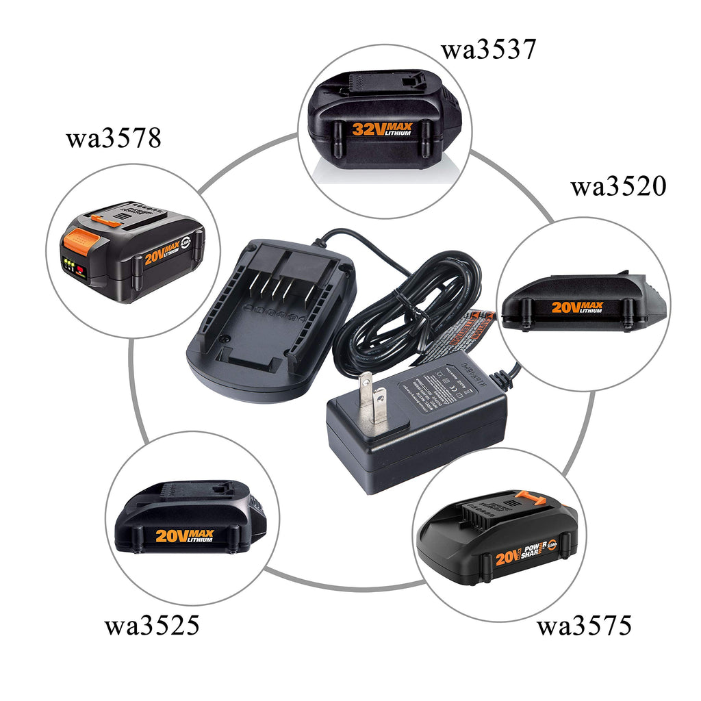 20V 2Packs Replacement Battery and Charger Starter Kit， Cell9102 WA3520 Lithium Battery and Charger WA3742 Compatible with Worx 20-Volt Cordless Power Tools