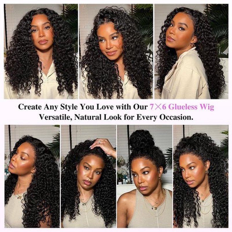 Liqusee 7x6 Burmese Curly Glueless Wigs Human Hair Pre Plucked Pre Cut 250% Density Drawstring Wig for Black Women 7x6 HD Lace Front Wigs Human Hair Glueless Wear and Go Nautural Color 16 Inch