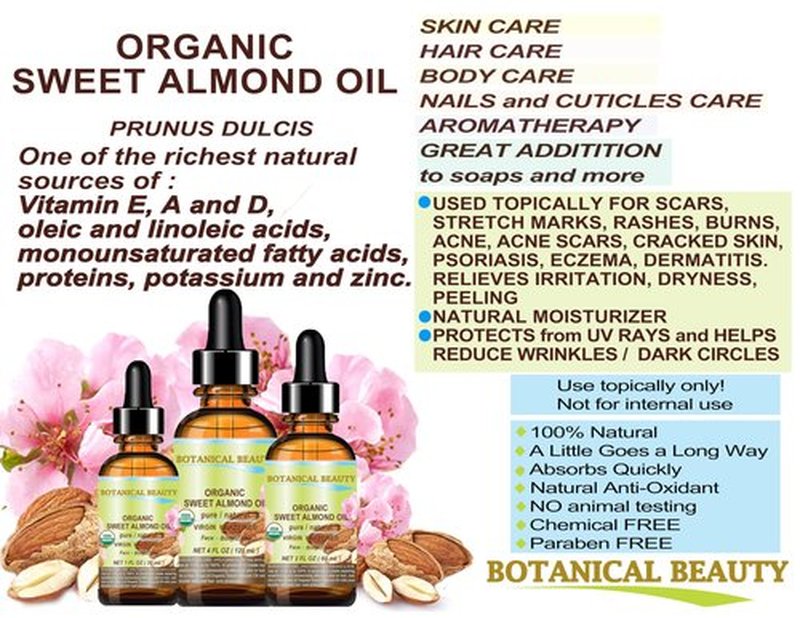 Botanical Beauty‎ Organic SWEET ALMOND OIL 100% Pure Natural Virgin Unrefined Undiluted Cold Pressed Carrier Oil for Face, Skin, Body, Hair, Massage, Nails. 1 Fl. oz - 30 ml