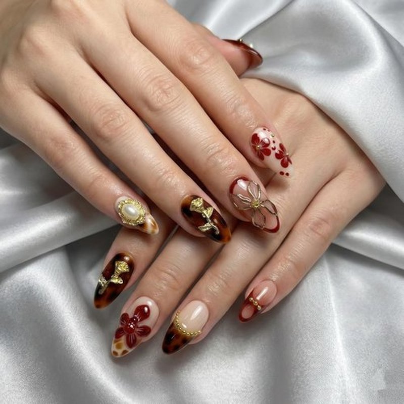 Almond Press on Nails Medium Fake Nails Red Artificial Nail with Gold Charm and 3D Floral Designs Cute Stick on Nail for Women 30pcs