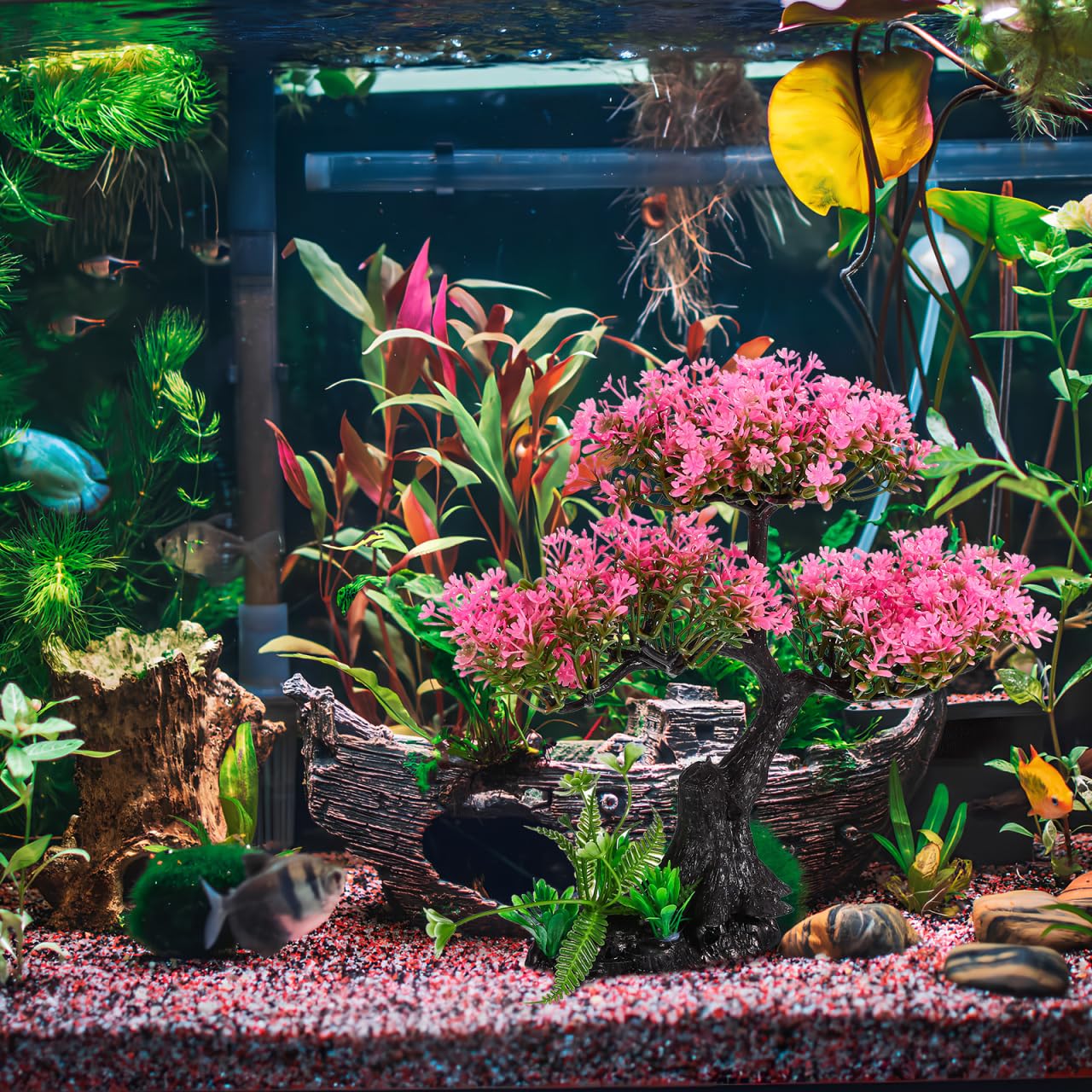 Didiseaon Aquarium Decor Artificial Plants Tree Set 11.4 Inch Plastic Plants for 10-55 Gallon Fish Tank Decoration Pink Simulation Aquarium Tree Betta Fish Bowl Ornaments Home Office Decor