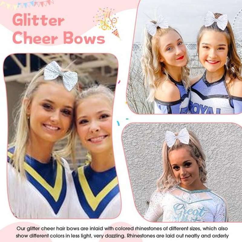 OAOLEER 12PCS Glitter Cheer Hair Bows for Cheerleading, Cheer Bow with Ponytail Holder for Teen Girls Cheerleader (White)