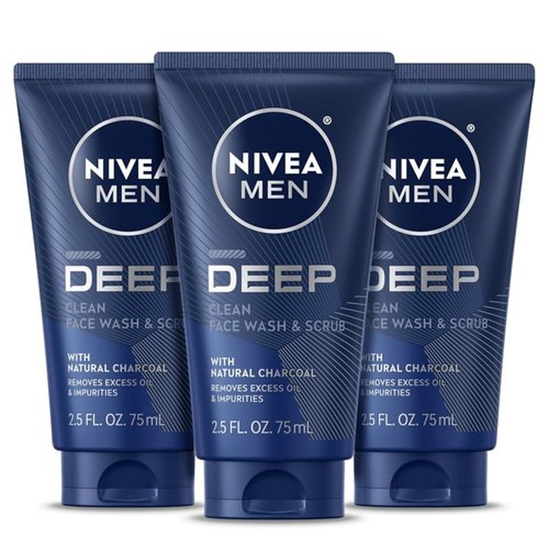 NIVEA MEN Deep Clean Face Wash - Exfoliating Charcoal Formula for Oil Control | 2.5 Fl Oz Tube, Pack of 3