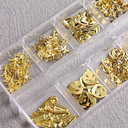 Halloween Nail Art Glitter Sequins 3D Holographic Skull Pumpkin Ghost Butterfly Cat Coffin Love Star Halloween Gold Silver Glitter for DIY Nail Art Halloween Party 24 Grids