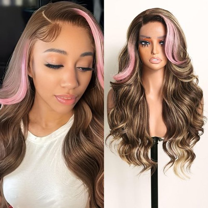 FABÉLLE Pink Highlight Wig Body Wave Wig Glueless Wig Lace Front Wigs for Black Women 24 Inch wear and go Synthetic Lace Front Wig