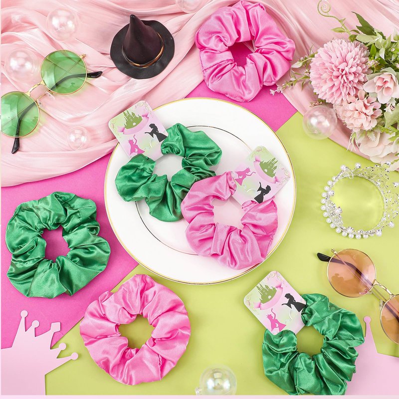 Yuxung 24 Pcs Pink and Green Silk Hair Scrunchies with Quote Card Witch Party Favor Soft Hair Tie, Ponytail Holder, Elastic Bobbles Ropes Hair Accessories Crown Witch Movie Fan Gift for Girls Women