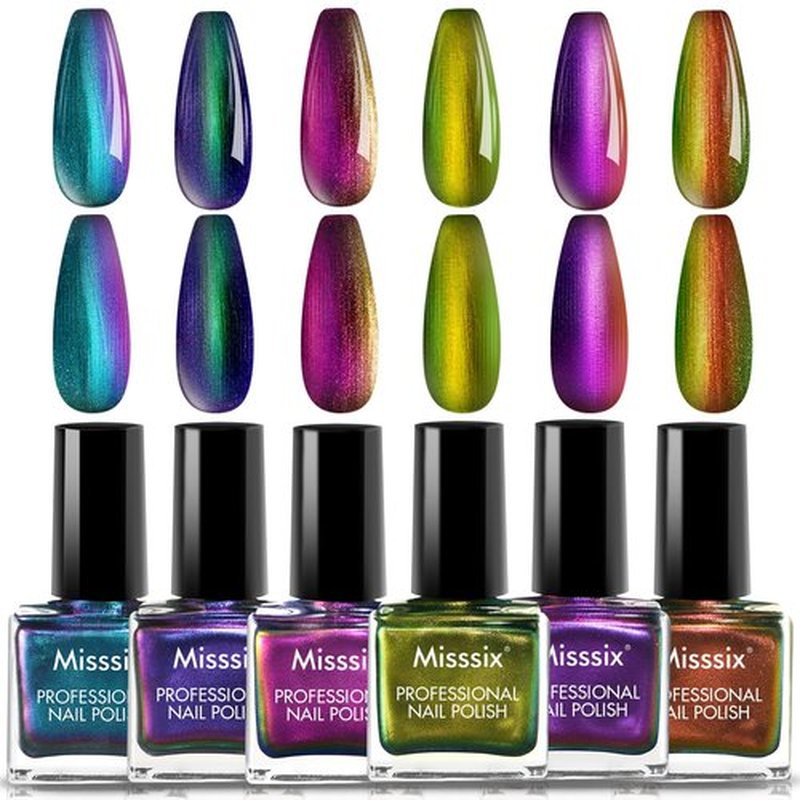 Misssix Nail Polish Set 6 Colors 5ml Holographic Metallic Lacquer Quick Dry Nail Polish Long Last Fingernail Toe Nail Art for Women Girls Home Salon