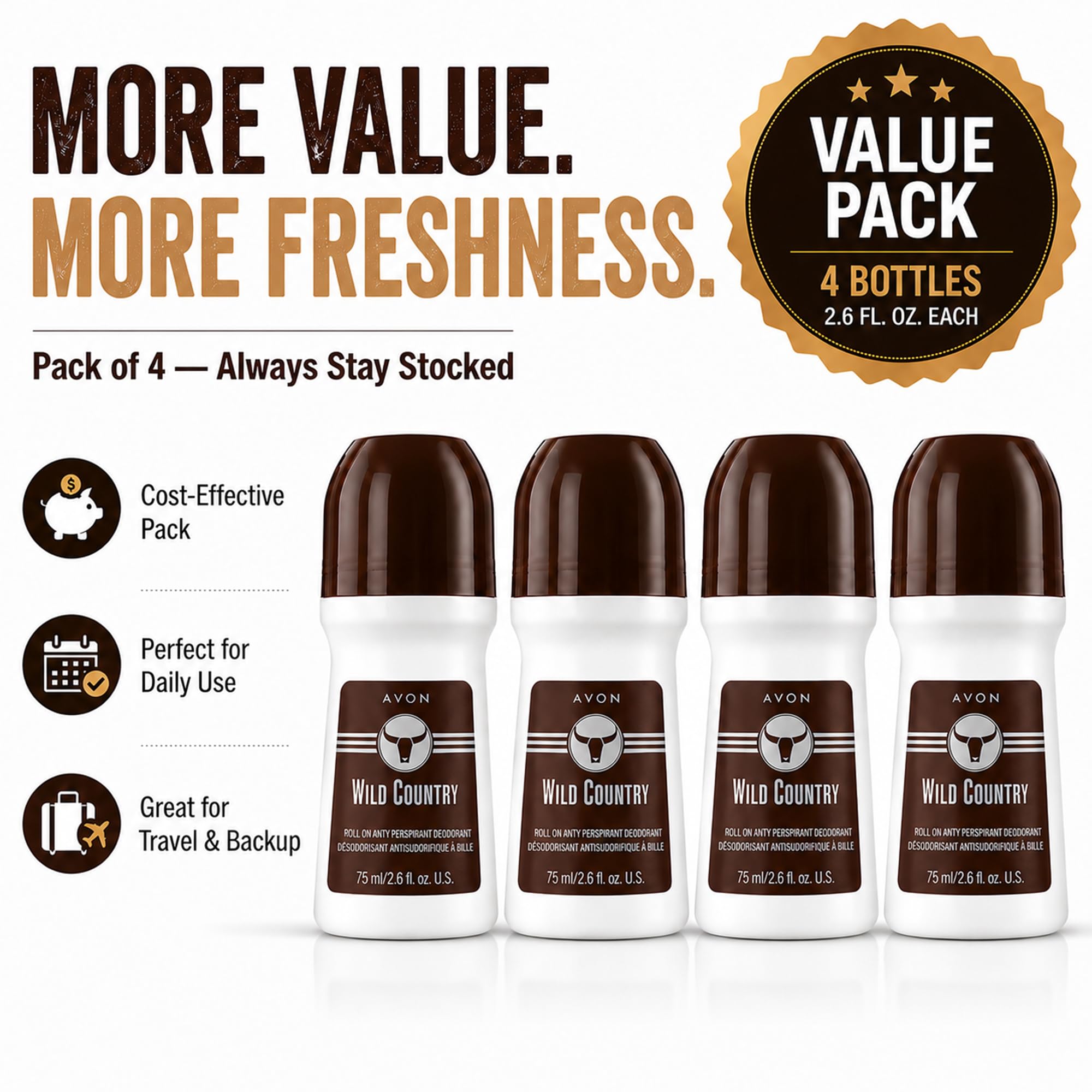 AVON Wild Country Roll-On Antiperspirant Deodorant - 2.6 oz - 4 pack