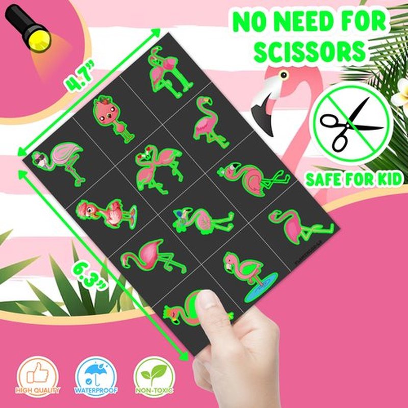 96 PCS Funny-Flamingo Glow In The Dark Pre-Cut Temporary Sticker Summer Tropical Hawaiian Luau Birthday Supplies Gifts Girls Boys Baby Showers Prizes Cute School Reward Themed (Luminous)