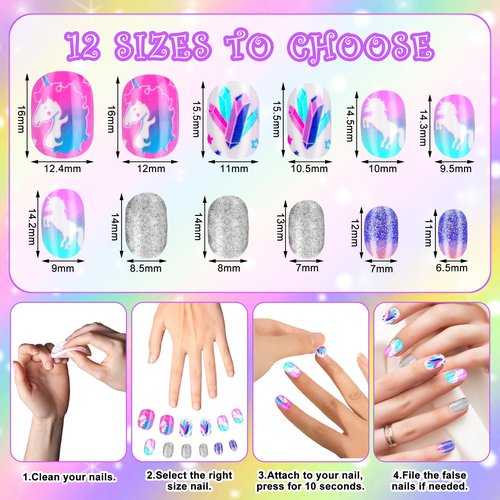 False Nails Press on Nails for Kids-Flower Heart Print Short False Artificial Full Cover Nail Art Kits Nail Glue Tabs for Girls Children (120pcs glitter nails)