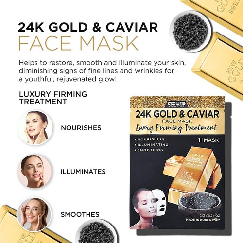 AZURE 24K Gold and Caviar Anti Aging Luxury Face Mask - Hydrating & Firming Facial Mask - Helps Reduce Wrinkles & Fine Lines with Hyaluronic Acid & Collagen - Skin Care Made in Korea - Pack of 10