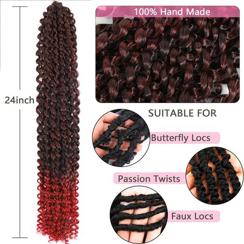 Alrence Passion Twist Hair Red 24 Inch 8 Packs Water Wave Crochet Hair Curly Braiding Hair For Butterfly Locs Long Bohe Crochet Braids (24 Inch (Pack of 8), 1B/Red)