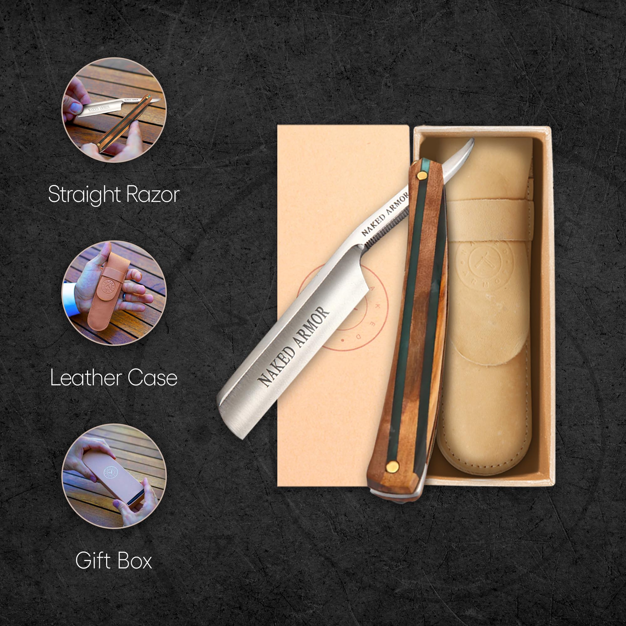 Naked Armor Lac Straight Razor - Shave Ready 7/8" Spike Nose Japanese Steel Straight Razors for Men with Sandalwood Scale, Case Included, Close Shave