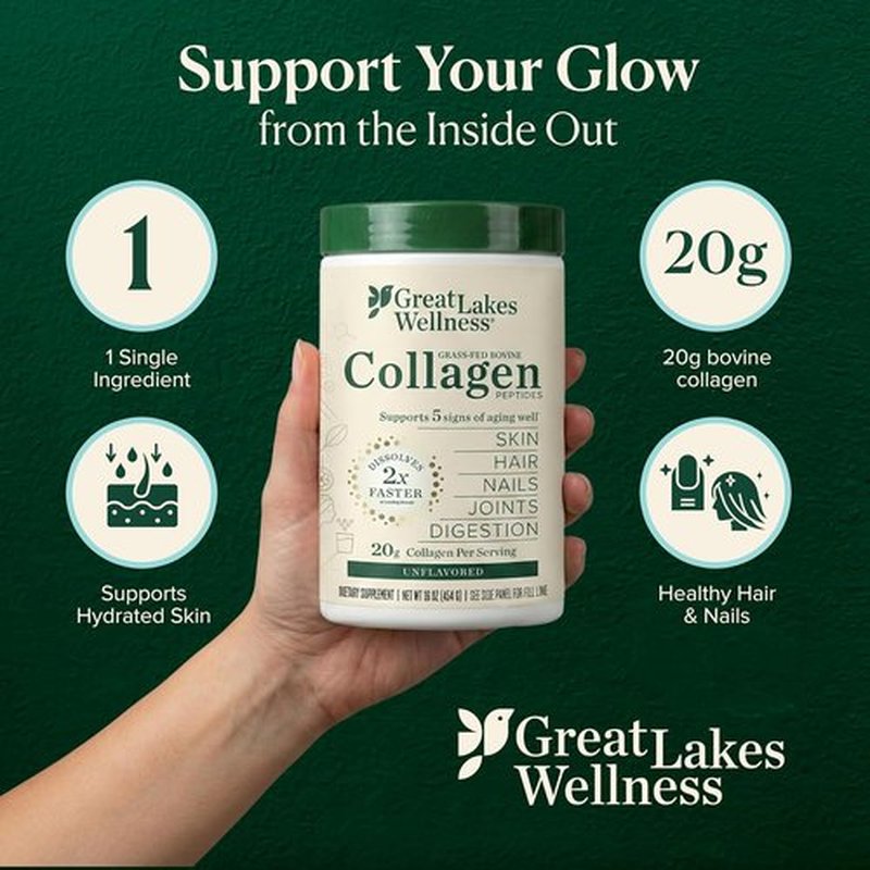 Great Lakes Wellness Collagen Peptides Powder - Hydrolyzed, Quick-Dissolve Formula for Skin, Hair & Joints - Non-GMO, Keto & Kosher (16 oz, 22 Servings)