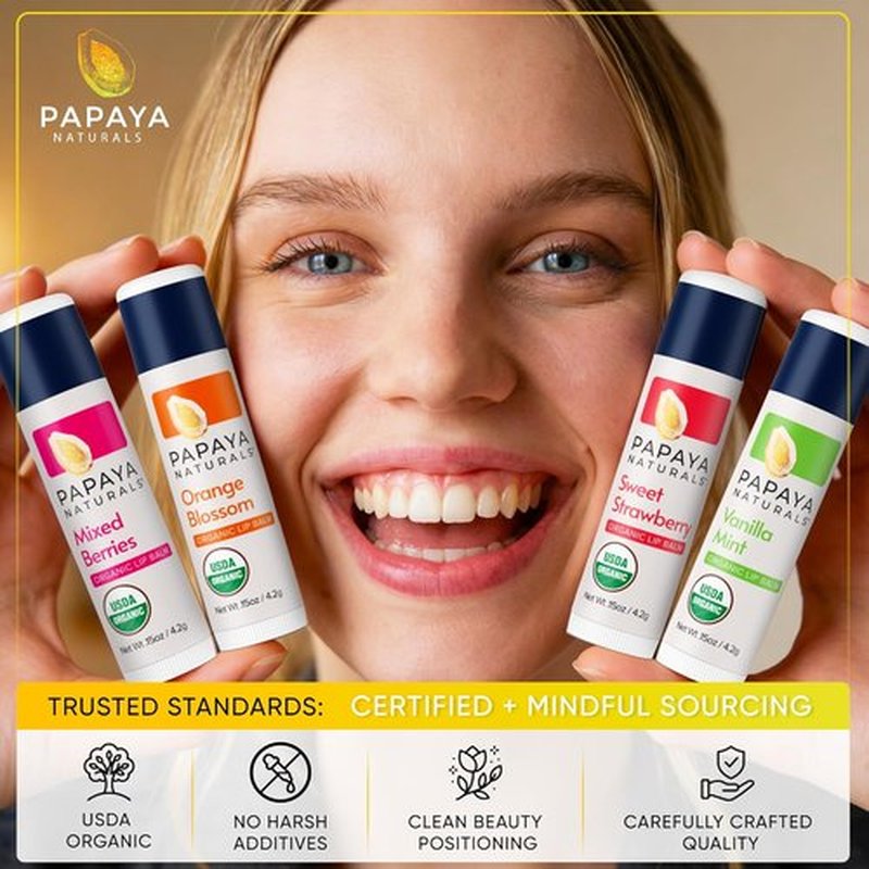 Papaya Naturals Organic Lip Balm Set - 6 Pack of Beeswax, Cocoa Butter & Vitamin E for Dry Lips | Moisturizing Fruit Flavors