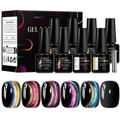 MEET ACROSS 9D Cat Eye Gel Nail Polish Set 9Pcs Cateye Magnetic Nail Polish Gel with Base Top Coat and Magnet Stick, Cat Eye Gel Polish Galaxy Rainbow Effect Manicure DIY Nail Art