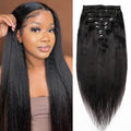 20inch Light Yaki Straight Clip ins, 120G Full Head Real 100% Human Hair Clips for Women Seamless Yaki Clip in Hair Extensions for Thin Hair Natural Black 8Pcs Hair Pieces with Secure Clips
