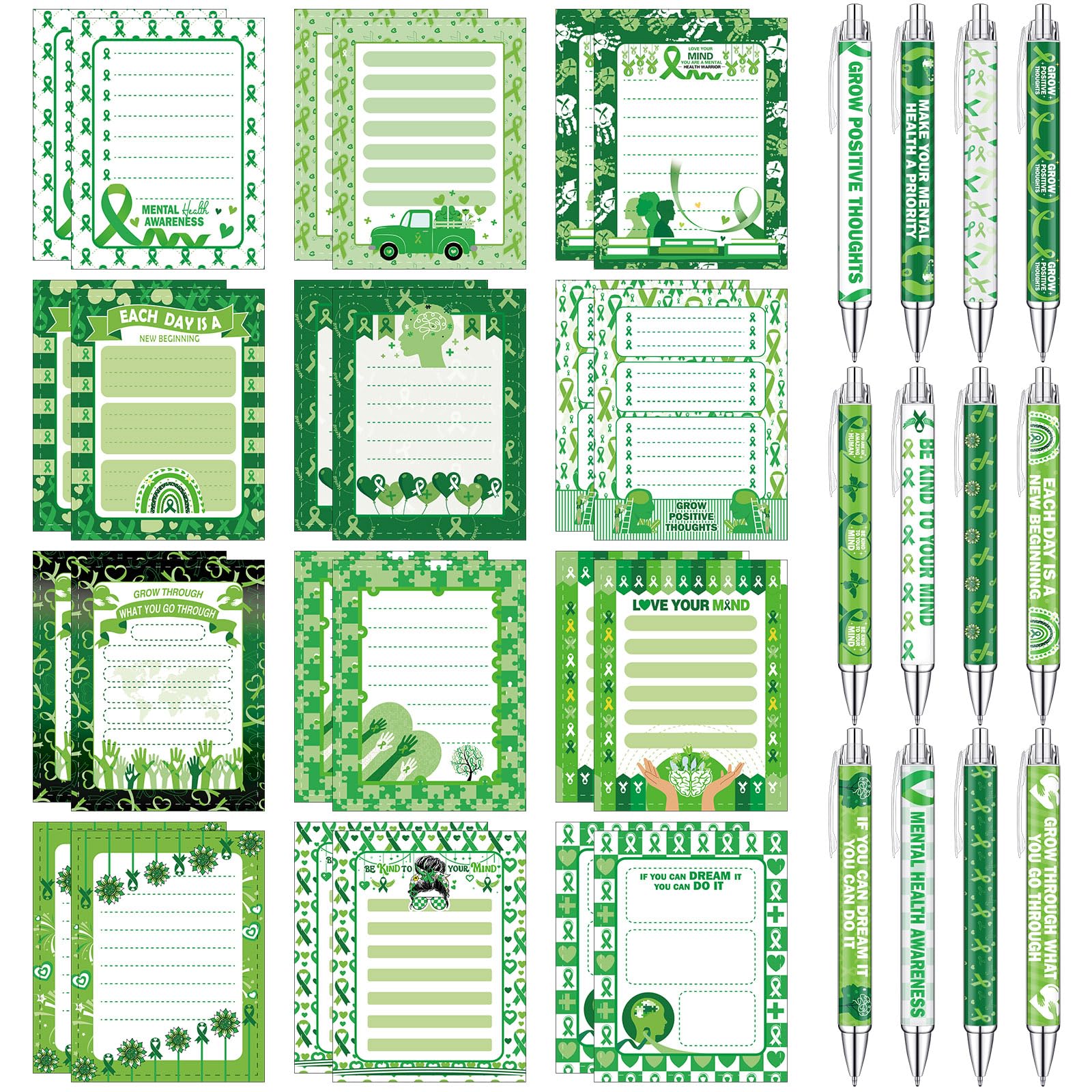 Eaasty 48 Pcs Mental Health Awareness Items Gifts Set Green Ribbon Notepad with Pens 24 Notebook Memo Pad 24 Ballpoint Pen for Women School Fundraising Event Supplies