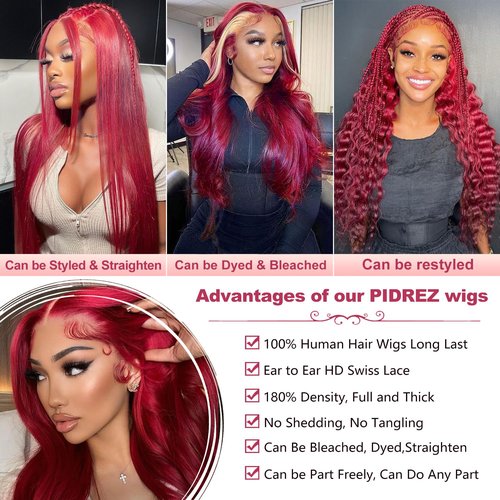 24 Inch Burgundy Lace Front Wigs Human Hair 99j 13x6 Body Wave Wigs Human Hair 180% Density Preplucked Full and Thick,100% Real Human Hair No Synthetic Blend No Tangle No Shedding Triple Lifespan 3X