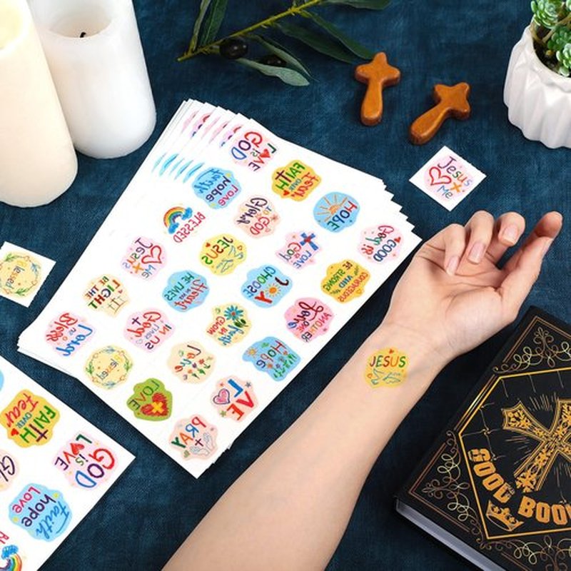 Landhoow 240 Pcs Religious Christian Tattoos Temporary for Kids Glitter Face Tattoos Cool Body Sticker Costume Accessory for Adults Boys Girls Party Favor