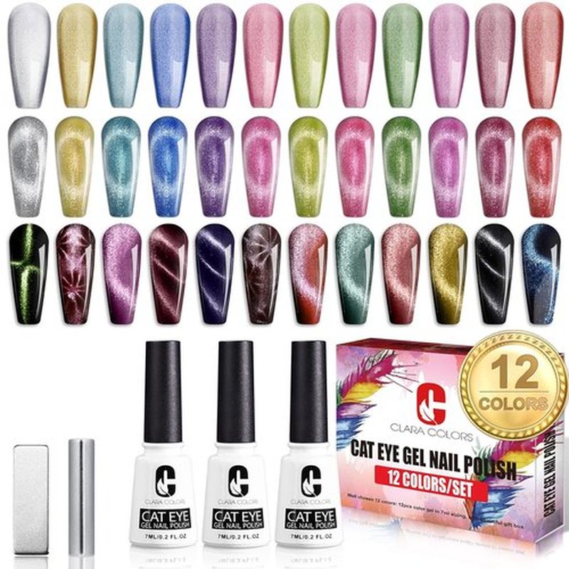 Clara Colors Cat Eye Gel Nail Polish Set - 12 Holographic Shades with 2 Magnet Sticks | DIY Soak Off UV/LED
