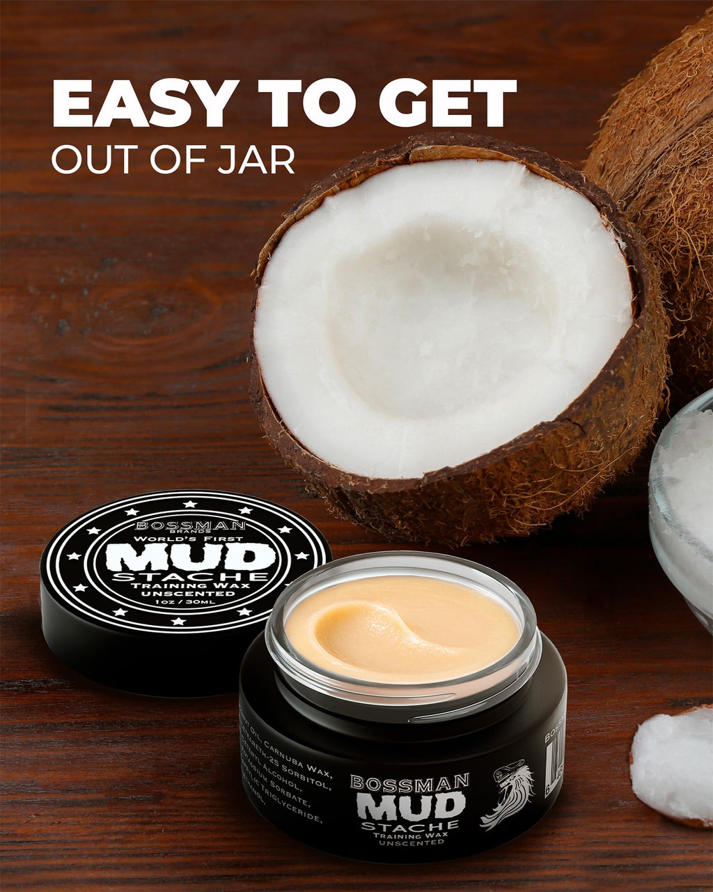 Bossman MUDstache Unscented Mustache Wax for Men (3 oz) - 3 Pack - Strong 24-Hour Hold, Non-Tacky & Easy to Apply for Taming & Styling