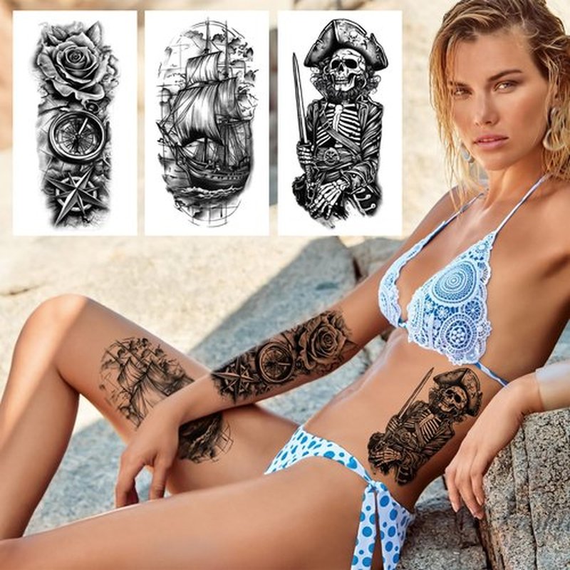 77 Sheets Pirate Temporary Tattoos Adult Men Kids Captain Pirate Ships Flag Sailor Anchor Sailboat Skull Fake Tattoos, Pirates Stickers for Costume Dress Up Makeup Party Accessories