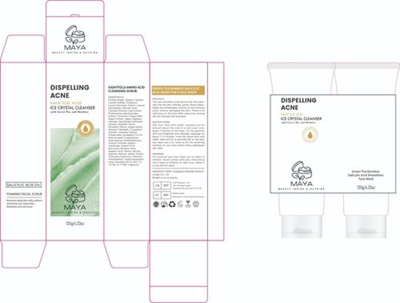 MAYA Ice Crystal Salicylic Acid Cleanser – 2% BHA Acne Face Wash with Green Tea and Bamboo, Exfoliating Ice Scrub, Removes Dead Skin & Clears Pores – 120 g