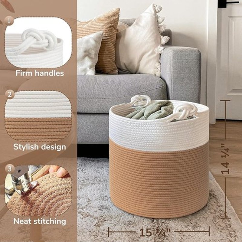 Goodpick Cotton Rope Storage Basket - 15 x 14.2 Inches | Stylish Jute Woven Organizer for Blankets & Toys - White