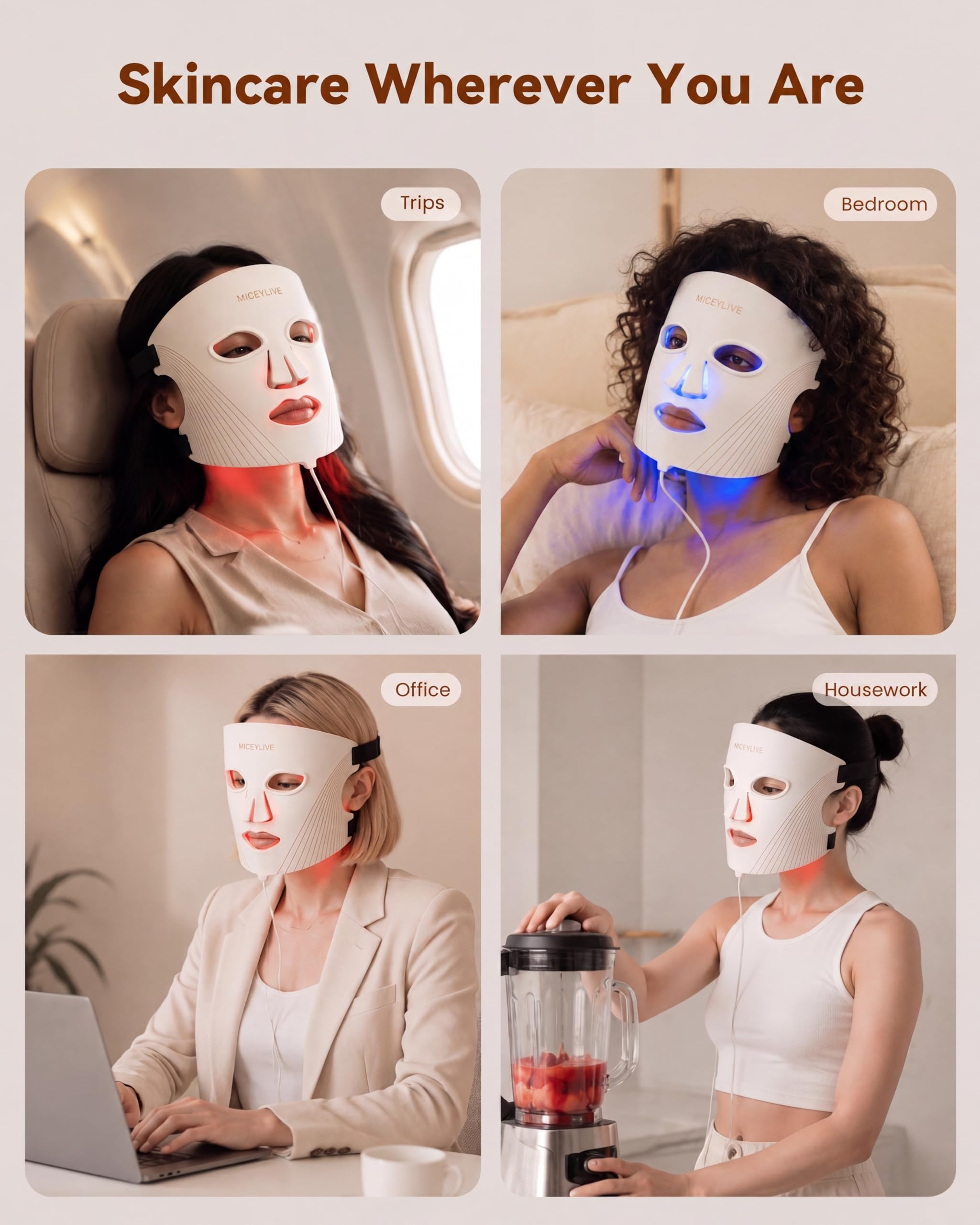 MICEYLIVE Red Light Therapy for Face with 432 LEDs & 3 Wavelengths (Red, Blue, NIR) - Targeting Wrinkles & Acne at Home, with Travel Bag & Eye Masks for Easy Skincare On The Go, White