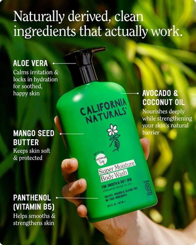 California Naturals Super Moisture Body Wash, Gentle Shower Gel Cleanser for Dry, Sensitive Skin, Moisturizing & Hydrating, Natural, Vegan, Paraben & Sulfate Free Body Moisturizer, 16.5 fl oz