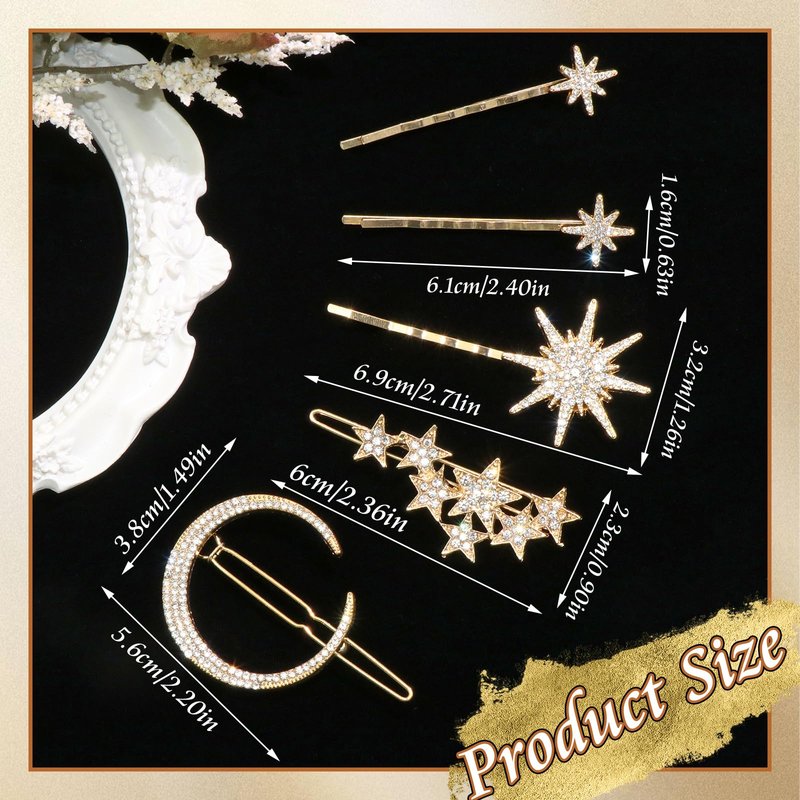 VENOFEN Rhinestone Moon Hair Clips Gold Star Hair Pins Sparkly Crystal Decorative Bobby Pins for Women Vintage Bridal Side Clips Wedding Prom Party Celestial Hair Accessories