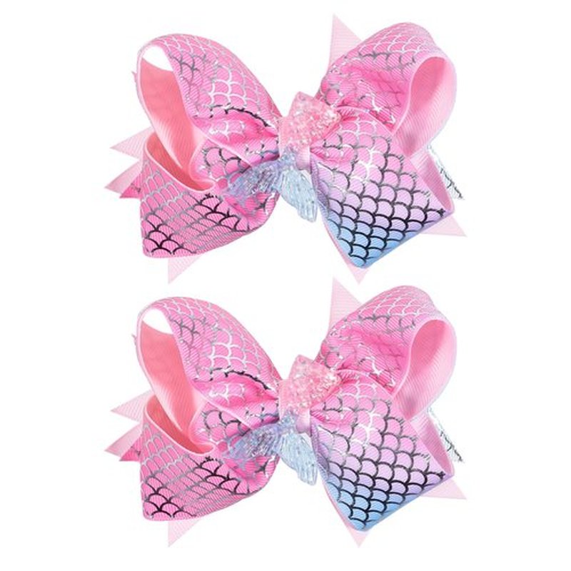 Glitter Mermaid Hair Bow Clips Girls Birthday Gift 2pcs 4.7" Mermaid Scales Ribbon Alligator Barrettes for Kids Toddlers Teens Summer Beach Dress outfits Decor Accessories