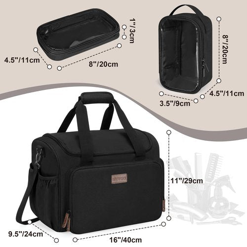 BAFASO Large Insulated Barber Case with a Semi Detachable Divider and 2 Removable Pouches, Hairstylist Traveling Bag Holds Various Hair Cutting Tools, Black
