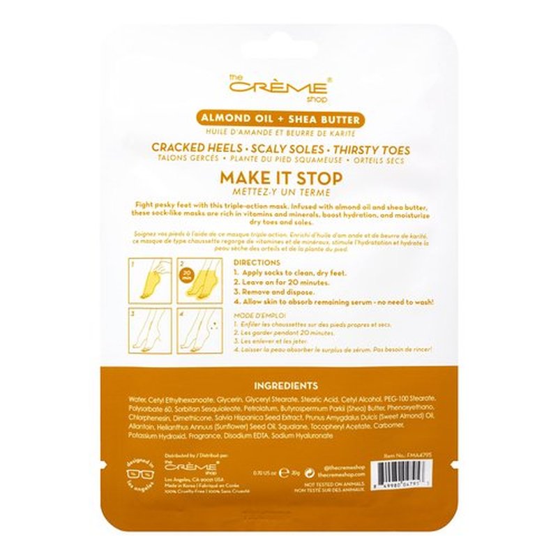 The Crème Shop Foot Repair Mask, Moisturizing Foot Mask with Almond Oil and Shea Butter, Korean Foot Mask for Dry, Cracked Feet, Foot Hydrating Mask and Cracked Heel Treatment