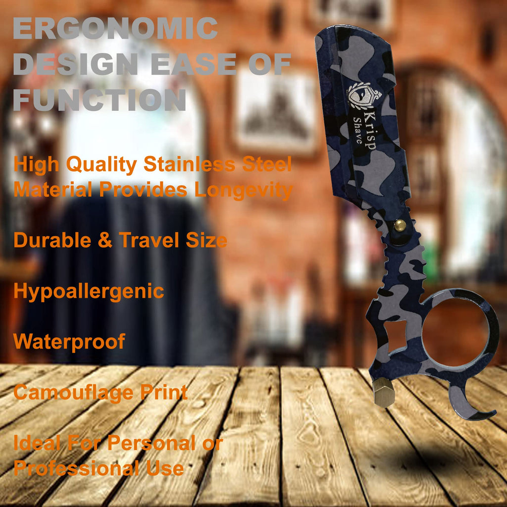 Straight Razor with 10 Shaving Blades Razors for Men - Professional Barber Straight Edge Razor for Close Shaving Cut Throat Shavette Men Beard Shave Manual Blade Holder By Krisp Beauty Blue Camo