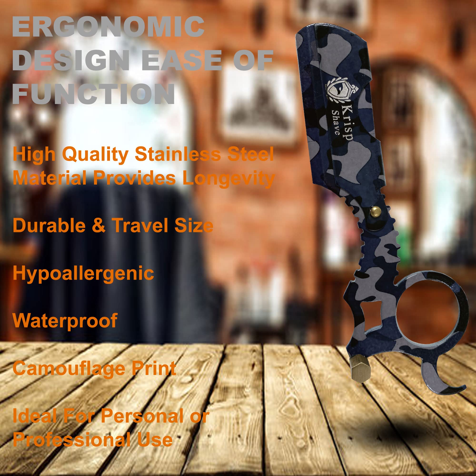 Straight Razor with 10 Shaving Blades Razors for Men - Professional Barber Straight Edge Razor for Close Shaving Cut Throat Shavette Men Beard Shave Manual Blade Holder By Krisp Beauty Blue Camo