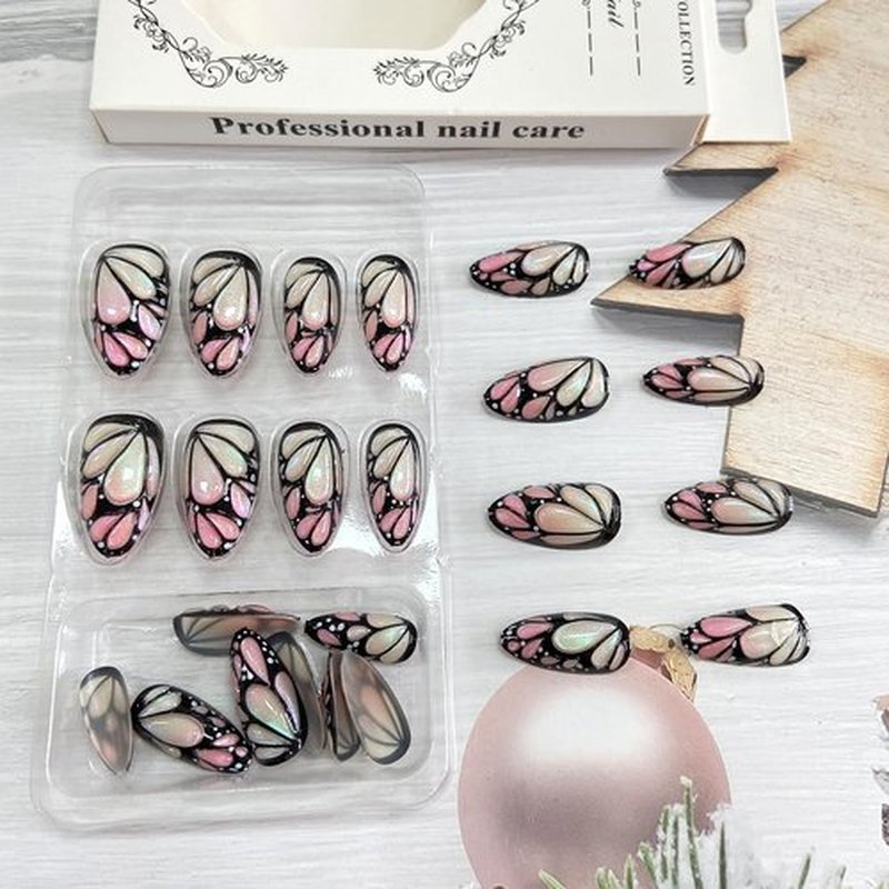 3D Butterfly Press on Nails Medium Almond Fake Nails With Pink Green Gradient Designs Butterfly False Nails Ombre Glue on Nails Full Cover Artificial Stick on Nails for Women 24 Pcs