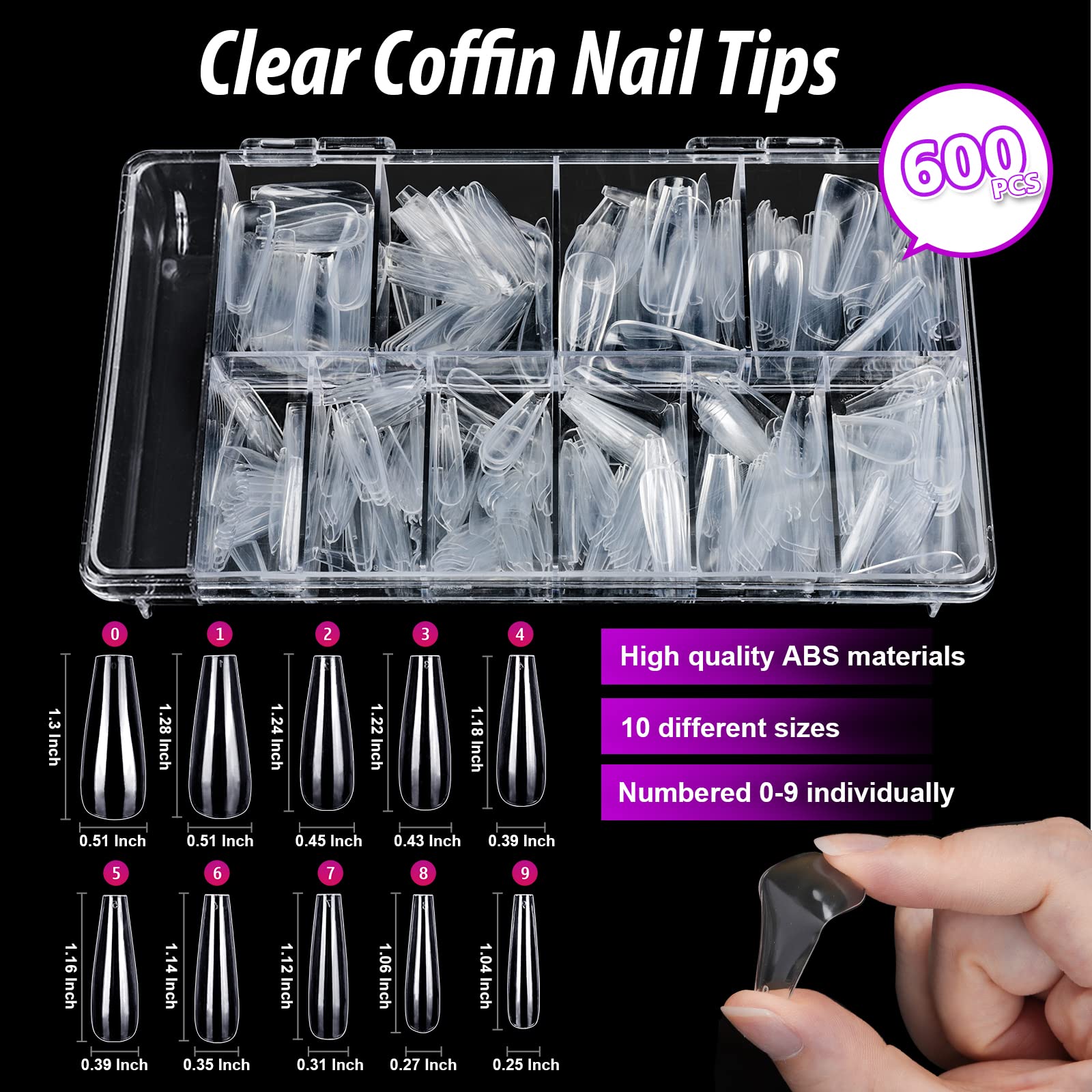Teenitor Clear Coffin Nail Tips Set, Long Acrylic Nail Tips Full Cover Clear Press On Nails, 600pcs Ballerina Fake Nails with Nail Glue, Acrylic Nail Clipper, Nail Stand With Putty, Cuticle Oil