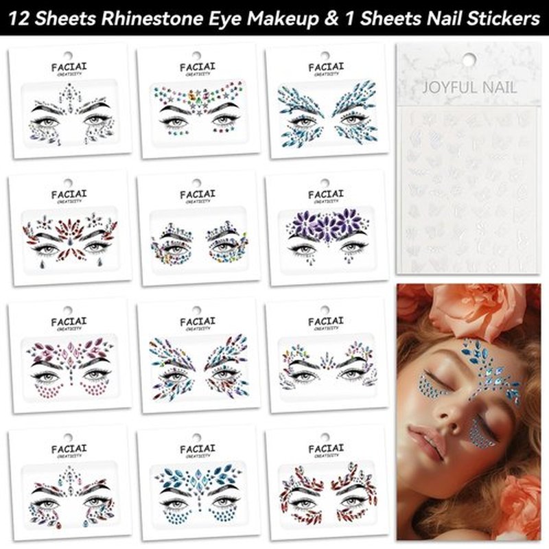 EMOME 12 Sets Face Gems Glitter, Face Eye Body Jewels Rhinestones for Women Makeup, Face Gem Nail Stickers for Fairy Butterfly Glitter Rave Outfit Accessories
