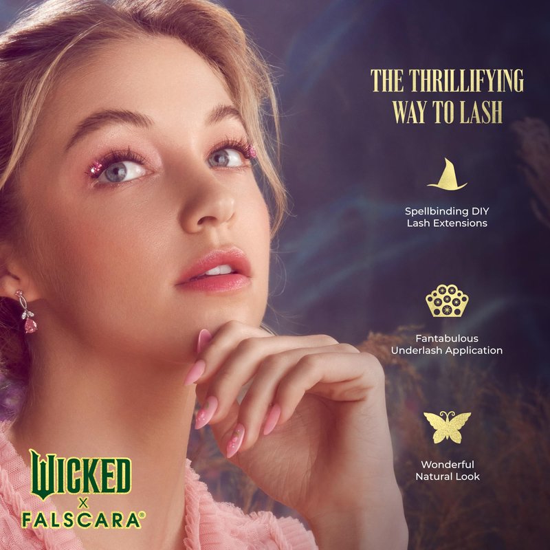 WICKED X FALSCARA False Eyelashes, Lash Extension Kit, ‘Shimmering Shine’, 10 Lash Clusters, 8mm-10mm, Natural Volume, Blue Glitter, Mini Bond, Green & Pink Mini Applicator