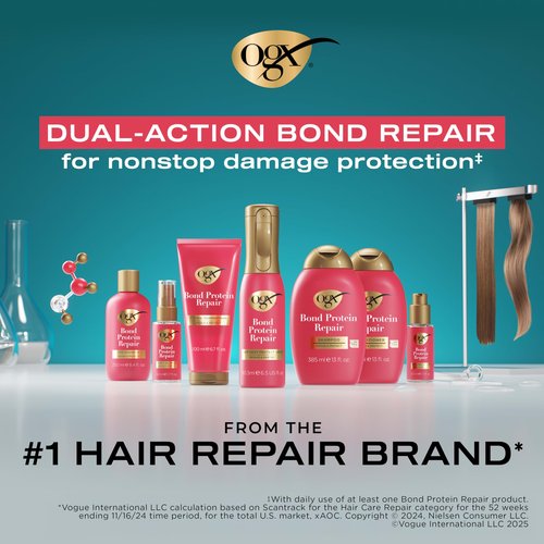 OGX Repair & Protect Bond Protein Repair Haircare Set, Lightweight Shampoo & Conditioner for Damaged Hair, 450°F Heat Protect Spray for weightless damage protection, 3 Items