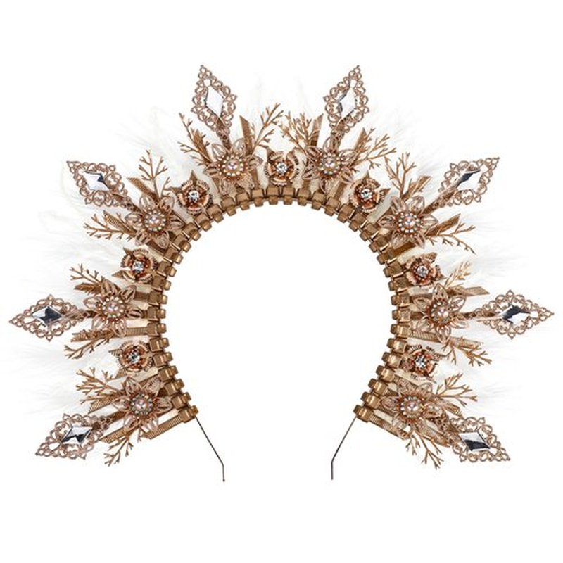 COSUCOS Feather Halo Crown Headpiece - Zip Tie Fantasy Queen Greek Goddess Headpiece Handmade Angle Wedding Headband for Halloween Cosplay Party White Feather Cube Glass Drill Renaissance