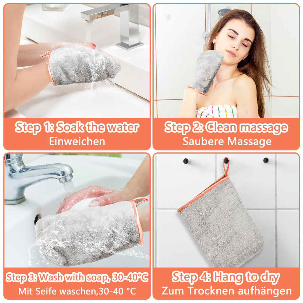 PHOGARY 8 Pack Microfiber Wash Mitts for Face Body, Super Soft Absorbent Coral Fleece Facial Cloths Bath Shower Mitt, Reusable Makeup Remover Washcloths, Gray, 6x9in